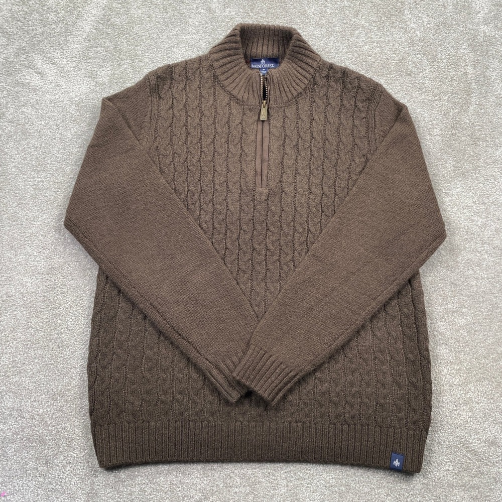 Rainforest Mens RF3509 Chocolate Brown Cable Knit Quarter Zip Sweater Medium NEW